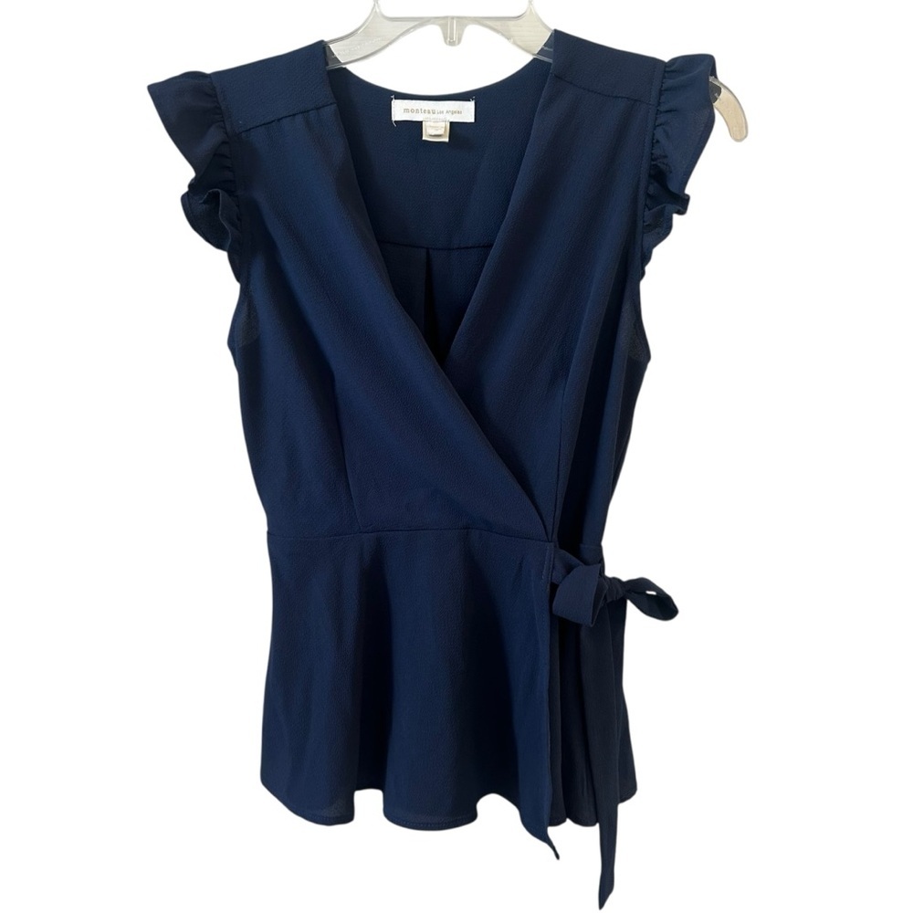Madewell Navy Ruffle Sleeve Wrap Blouse